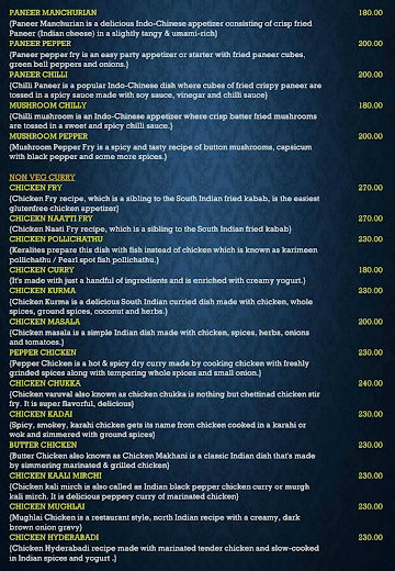 Sky Malabar Restaurant menu 