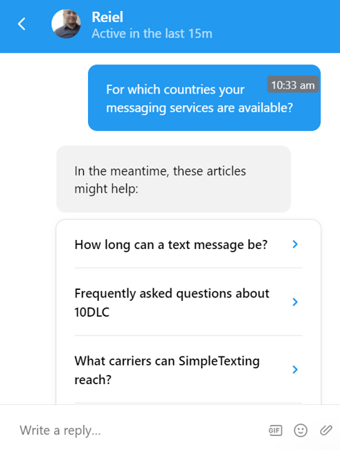 Best Bulk SMS Service Providers | SimpleTexting live chat conversation with their support rep