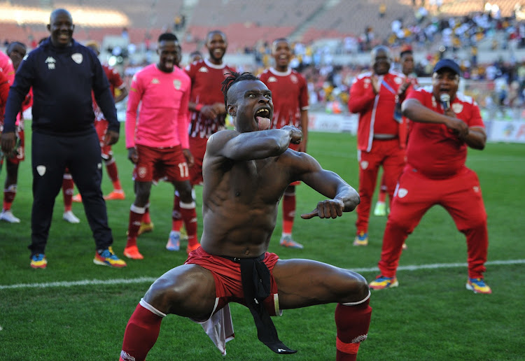 Sekhukhune United defender Edwin Gyimah celebrates his team's DStv Premiership win against Kaizer Chiefs at Peter Mokaba Stadium in Polokwane on April 23 2023.