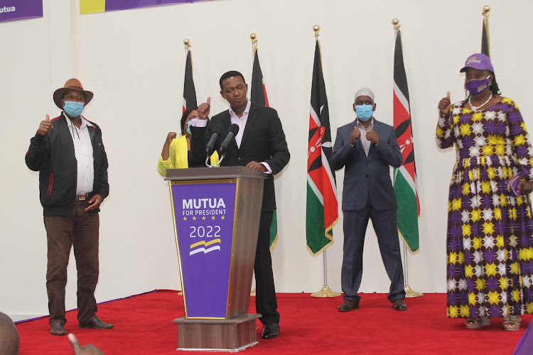 Maendeleo Chap Chap leader Alfred Mutua addressing the press after he chaired the party’s National Governing Council meeting in Mavoko on November 14.