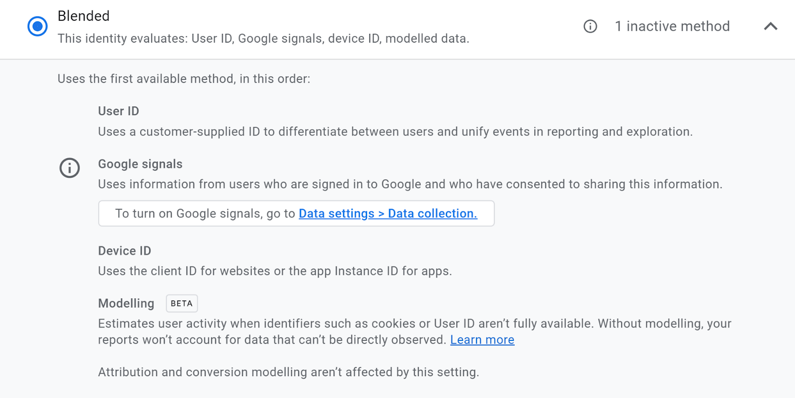 Google Analytics 4 (GA4) user identity screen detailing the 'Blended' identity