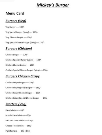 Mickey's Burger menu 