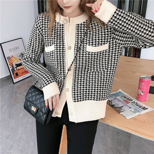 Title 2, Houndstooth Sweater Cardigan Korean Version Sma...