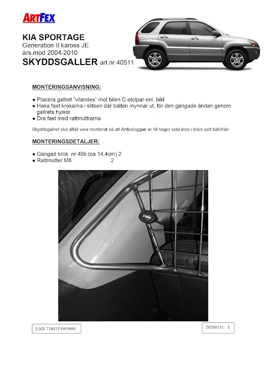 Artfex Hundgaller Kia Sportage 04-10 kaross JE  