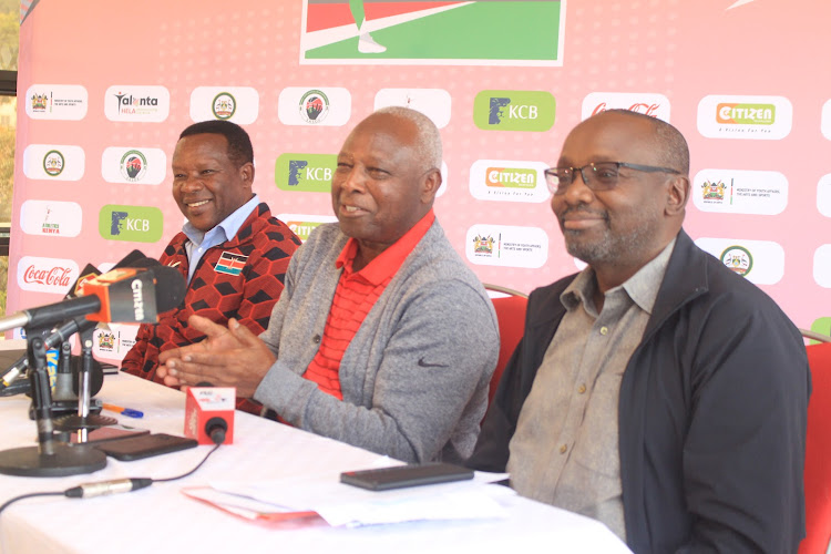 L to R: Nairobi City Marathon race director Ibrahim Hussein, Athletics Kenya president Jack Tuwei and AK Youth Development Committee chairman Barnaba Korir at Nyayo Stadium on Wednesday