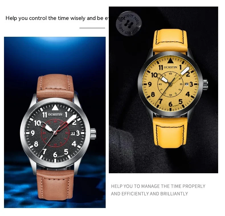 Relógio masculino de metal automático mecânico em couro à prova d'água com brilho. Elegância e precisão para seu pulso.
