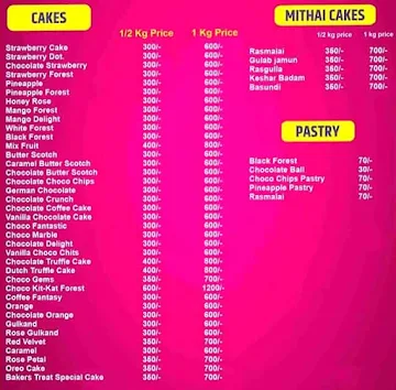 Baker's Cake Zone menu 