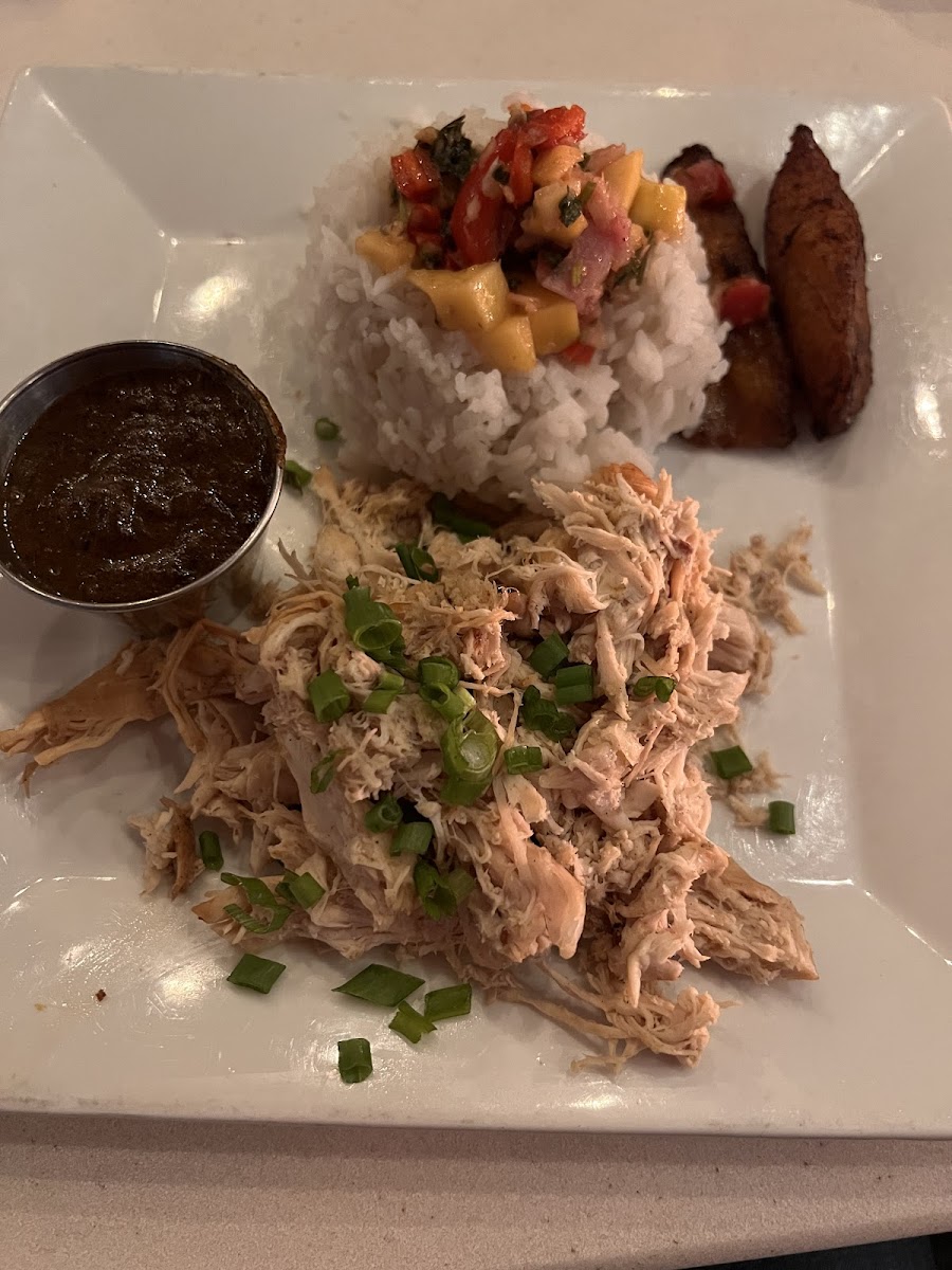 Jamaican Jerk Chicken with Deep Fried Plantains made in non-dedicated fryer