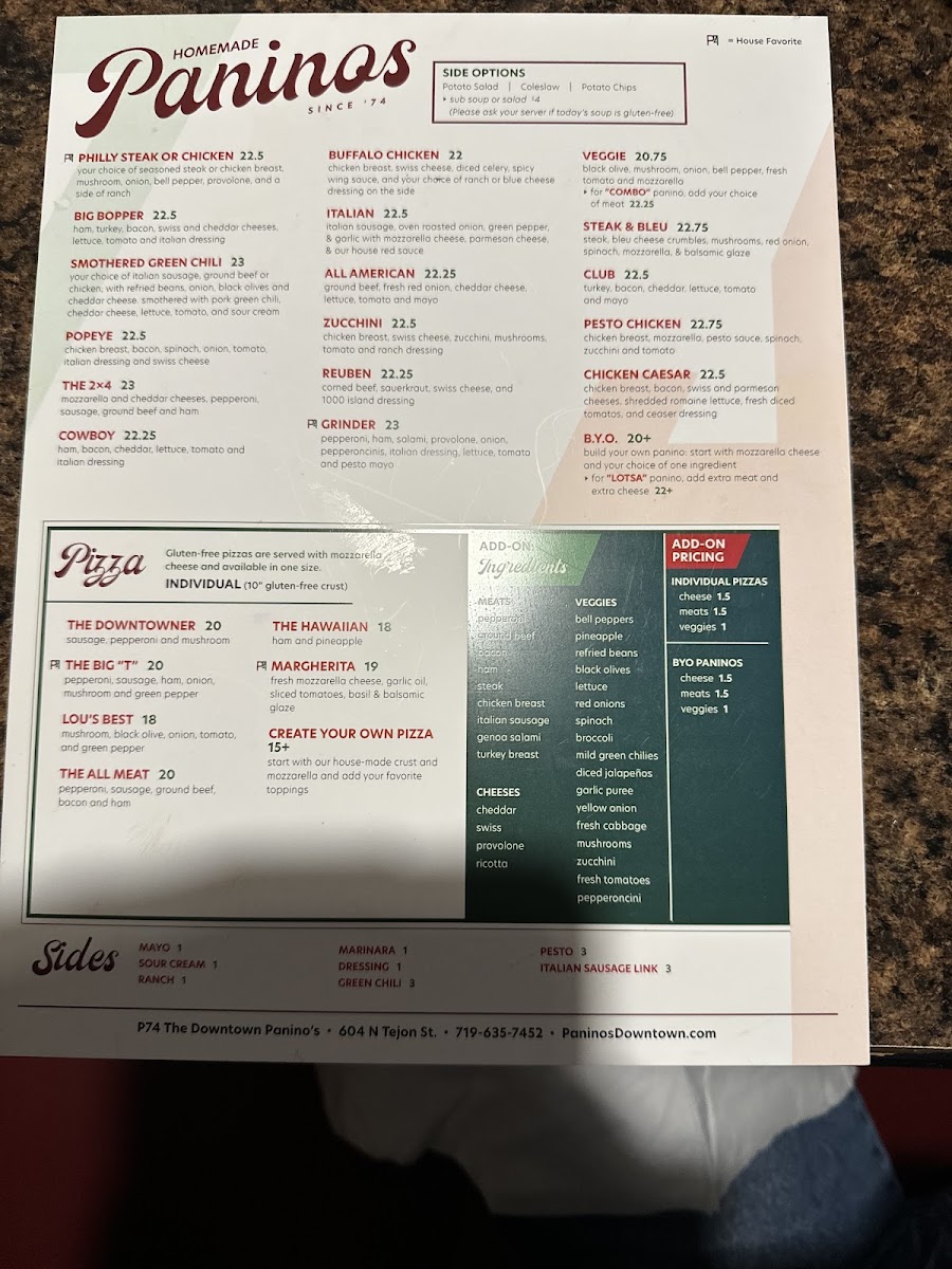 Panino's Restaurant gluten-free menu