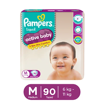 Pampers Active Baby Taped Diapers, Medium Size Diapers, (MD) Taped Style Custom Fit 90 Pc
