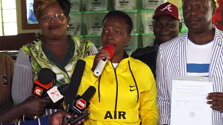 Murang'a Woman Representative Betty Maina at Ng'araria Secondary School in Kandara on January 6, 2023.