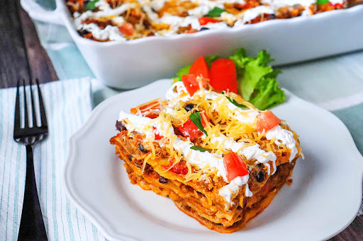 Slice of Mexican Lasagna on a plate.