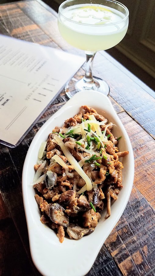 Portland Dumpling Week 2019 dish from Produce Row Cafe of Produce Row cafe of Porcini and wheat flour spaetzle, sautéed mushrooms, and finished with stone-ground mustard cream, chive and gruyere