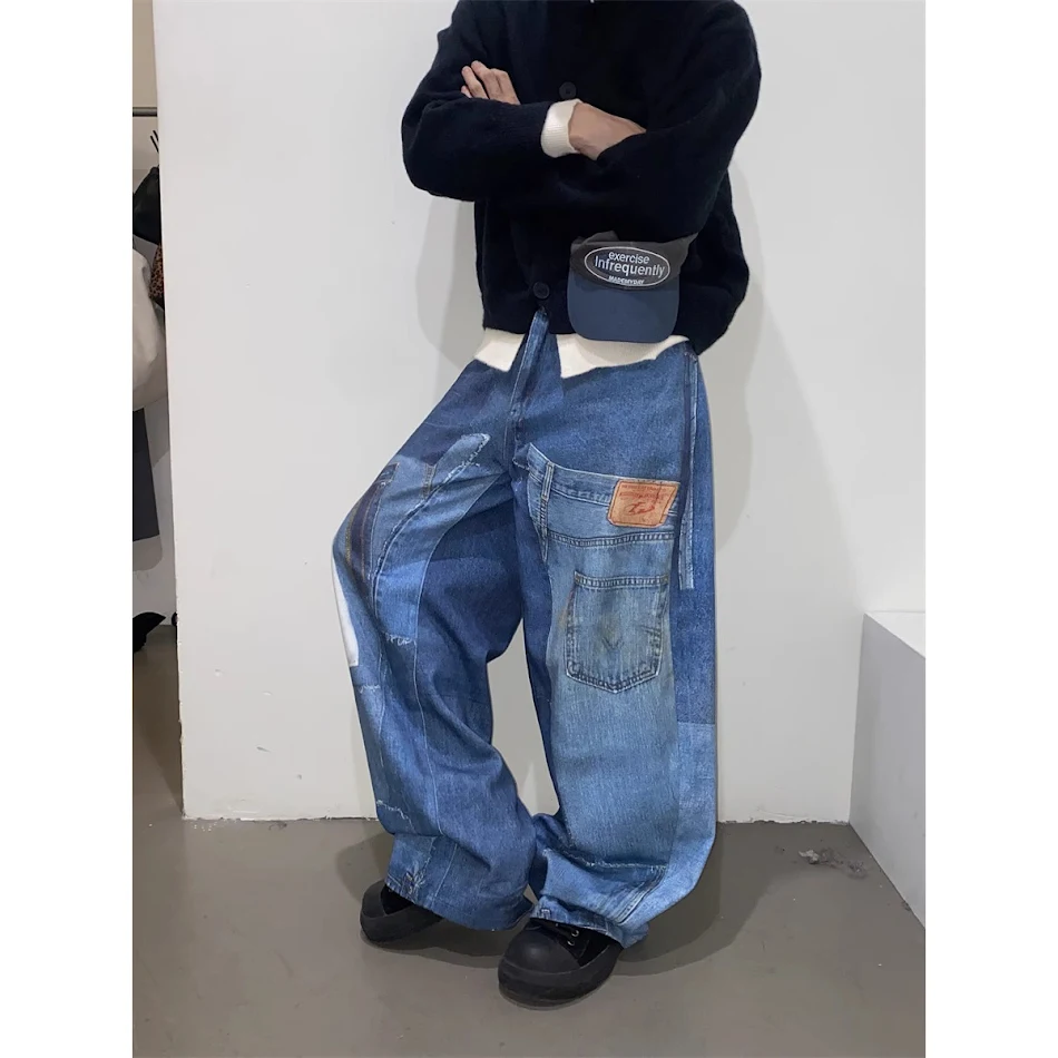 Calças jeans retas soltas de design independente retro americano para homens, estilo confortável e moderno para o dia a dia.