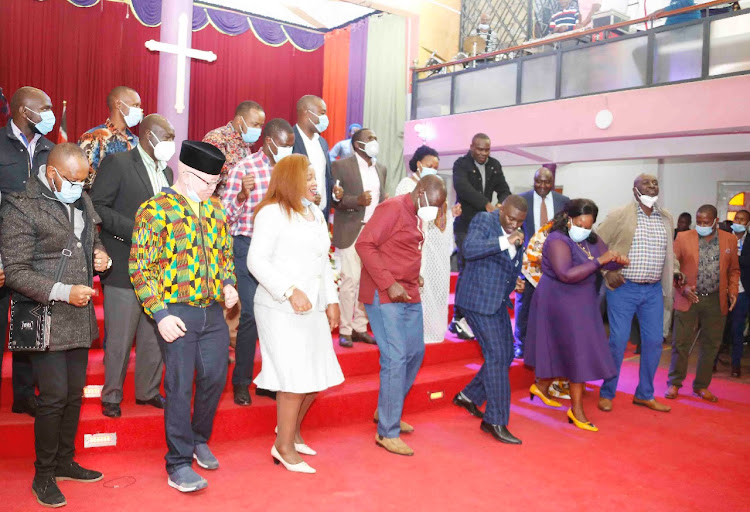 Deputy President William Ruto and his allies at a church service at the House of Hope Church, Kayole, Embakasi Central, Nairobi, on January 10,