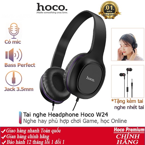 Tai Nghe Chụp Tai Hoco W24 Headphone Nghe Hay, Tặng Kèm Tai Nghe Nhét Tai 3.5, Dây Dài 1.2M - Chính Hãng