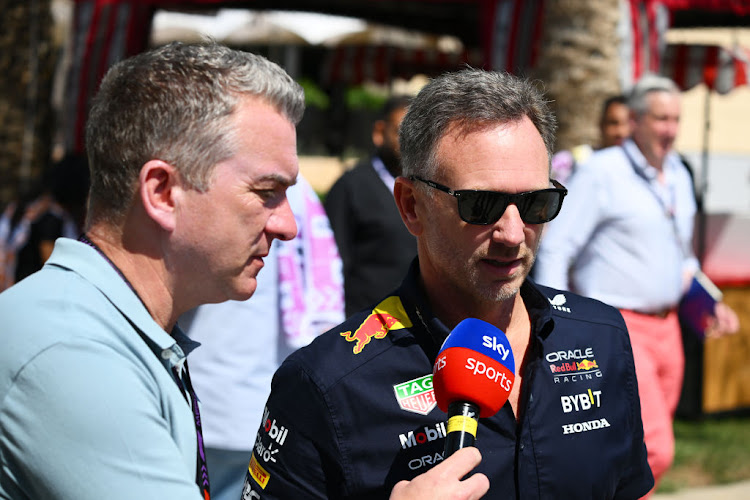 Christian Horner talks to media in the paddock before practise for the F1 Grand Prix of Bahrain at Bahrain International Circuit on February 29 2024.