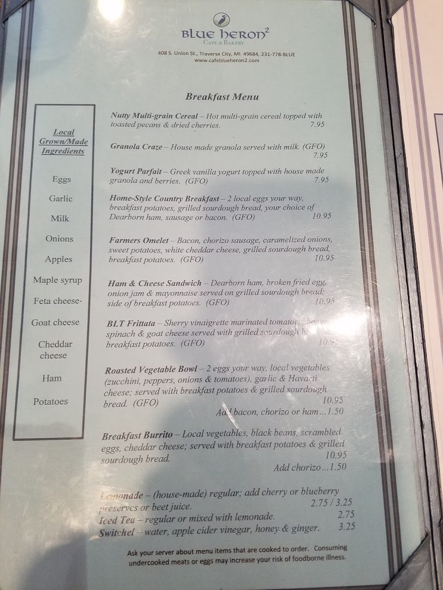 Breakfast menu- GFO indicates Gluten-free Option