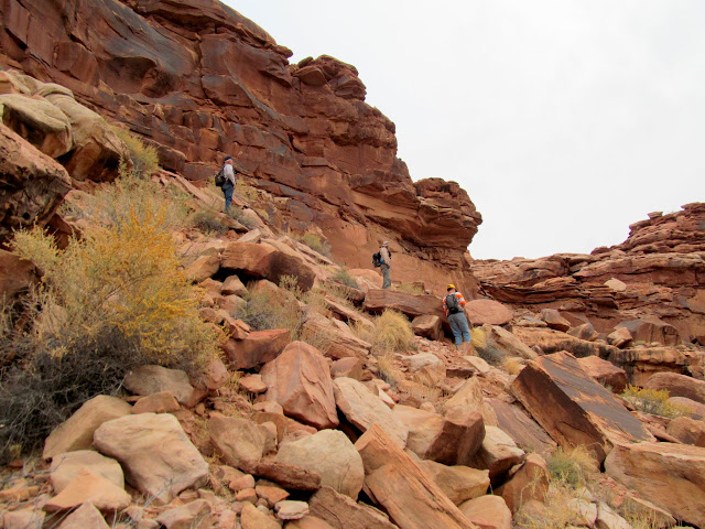 Scrambling down the talus slope