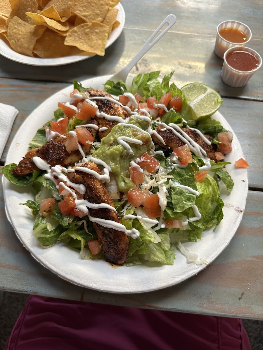 Blackened Mahi Taco Salad, no shell. Delicious!