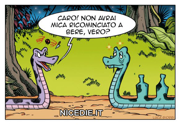 un serpente femmina dice al maschio: non avrai mica ricominciato a bere? (nel suo corpo si vedono le sagome di due bottiglie)