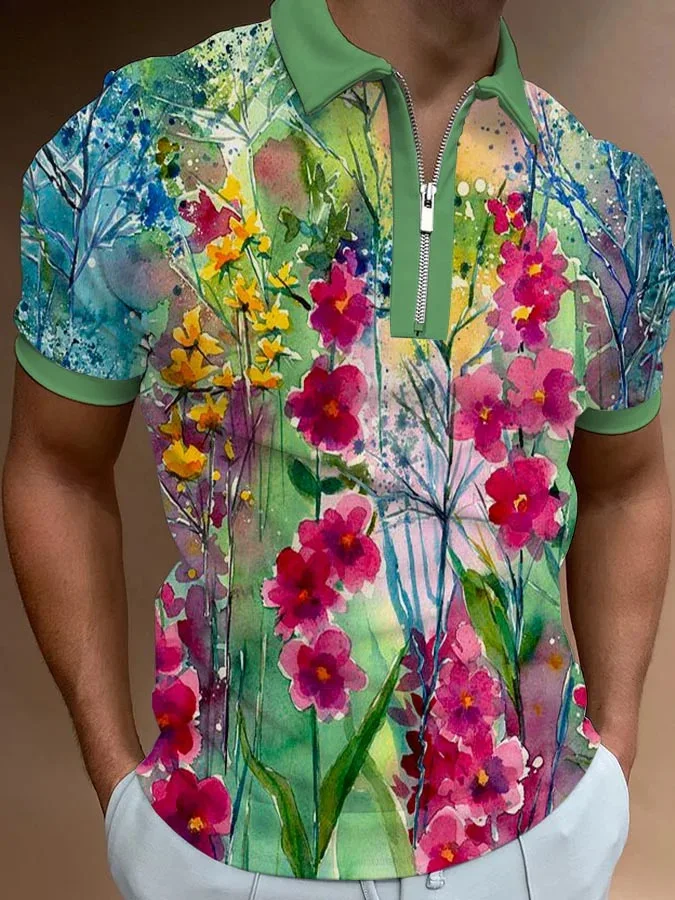 Heren T-shirt met 3D-print, Europese en Amerikaanse mode, Eenvoudige rits en korte mouwen, Modern design voor een stijlvolle look, comfortabel.