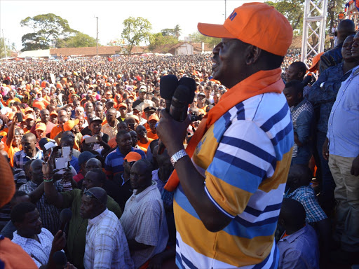 ODM leader Raila Odinga addresses a rally at Tononoka grounds in Mombasa. /JOHN CHESOLI