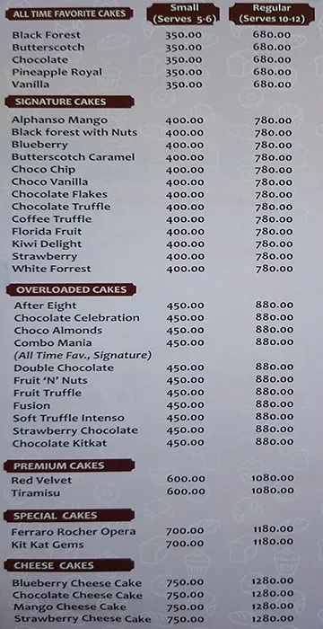 The Cake Masters menu 