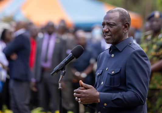 President William Ruto speaking in Mai Mahiu, Nakuru County where he had gone to console with those affected by the mudslides, on April 30, 024