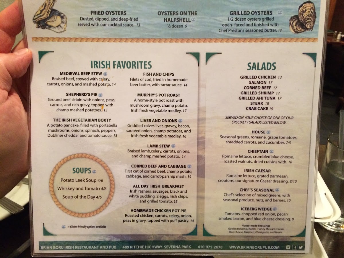 Brian Boru gluten-free menu