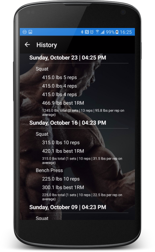 Dr. Muscle history screen on Android