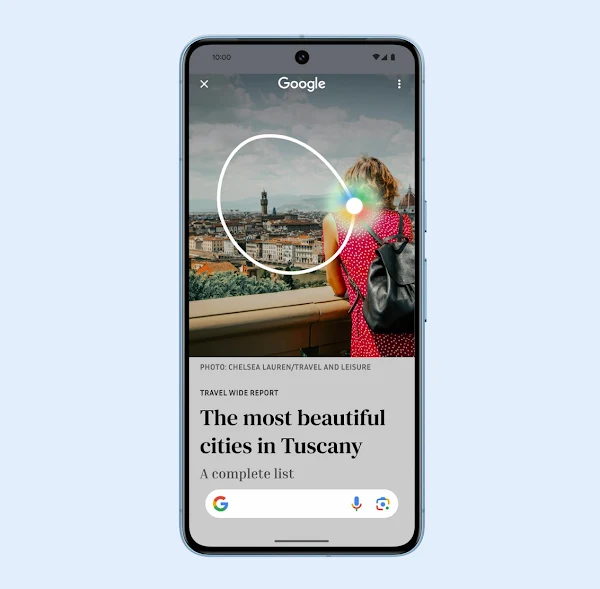 使用者圈選畫面上的美麗義大利城市，Google AI 隨即搜尋圈選的內容。
