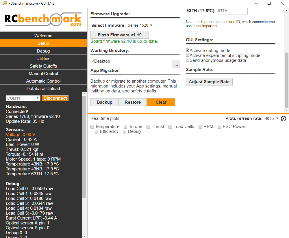 RCbenchmark software debug mode values