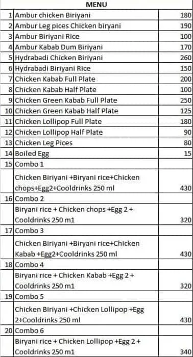 A1 Ambur Dum Biryani menu 