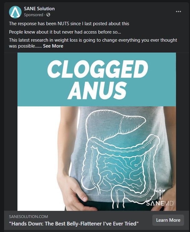 An internet ad showing an image of a person's midsection with a drawing of intestines superimposed over the picture. The words clogged anus are at the top of the image.