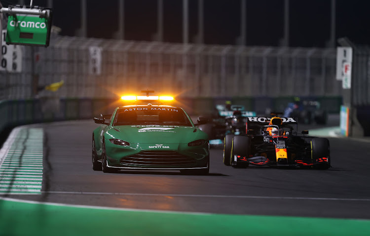 Max Verstappen follows the FIA safety car during the F1 Grand Prix of Saudi Arabia at Jeddah Corniche Circuit on December 5 2021 in Saudi Arabia.