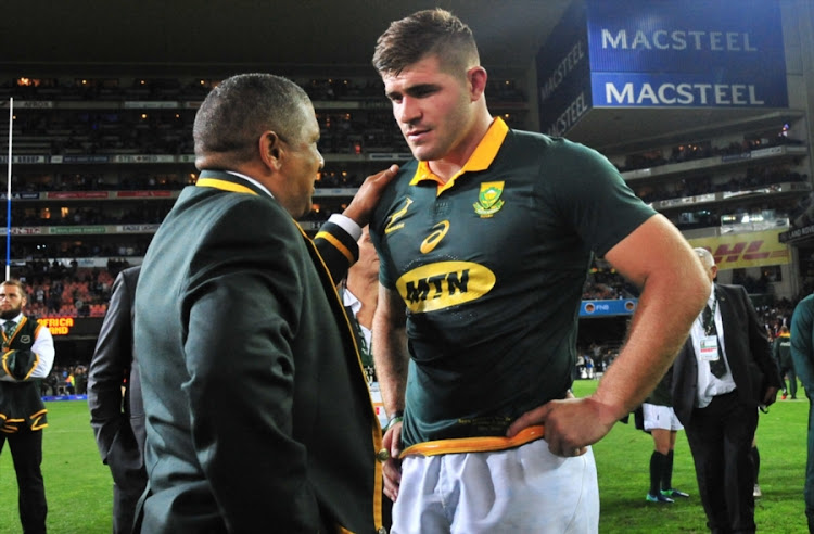 Allister Coetzee (Coach) chats with Malcolm Marx of South Africa after the Rugby Championship 2017 match between South Africa and New Zealand at DHL Newlands on October 07, 2017 in Cape Town, South Africa.