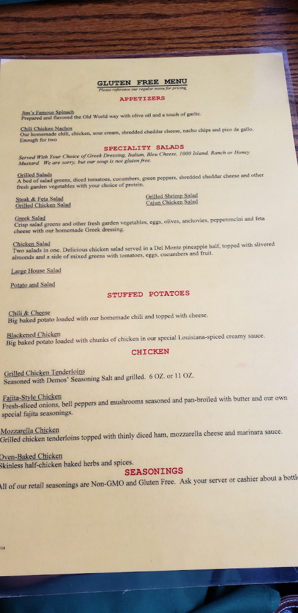 Demos' gluten-free menu