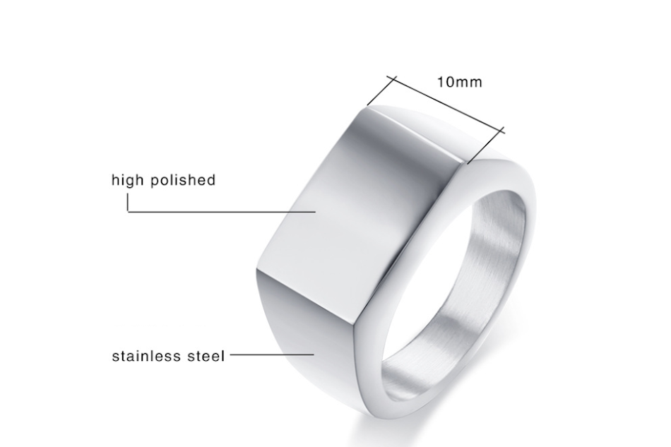 Rechthoekige ring van glanzend titanium staal, een stijlvol en duurzaam accessoire. Ideaal voor dagelijks gebruik, een tijdloze uitstraling.