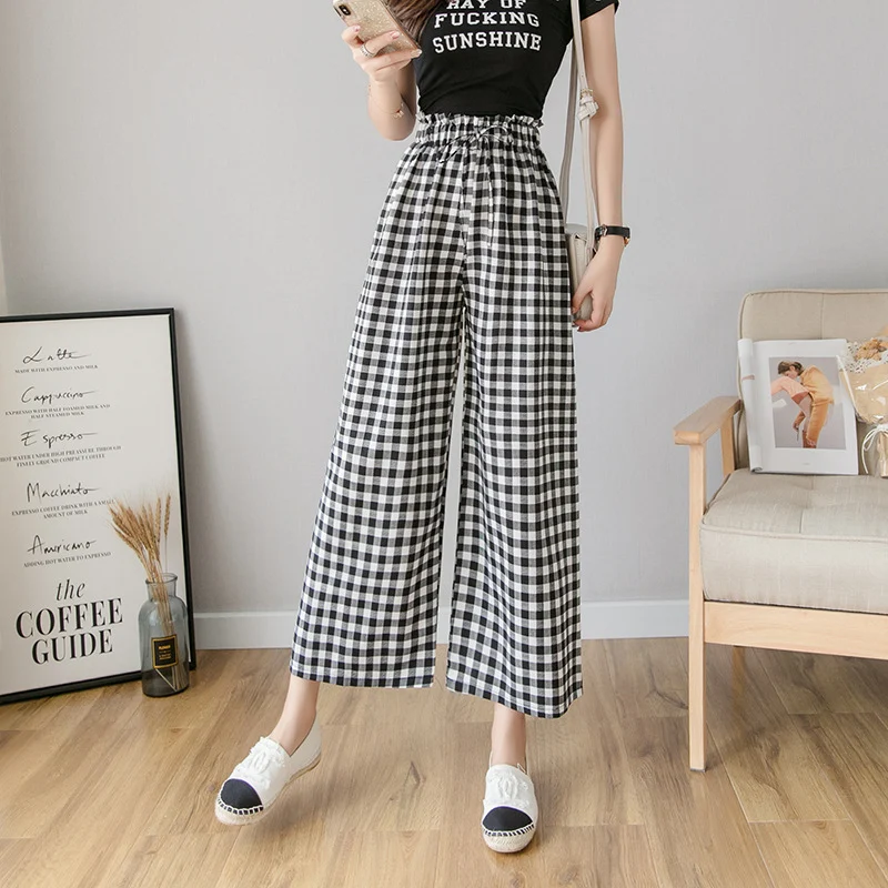 Title 6, Pantalon Large Femme, Plaid et Pois, Taille Hau...