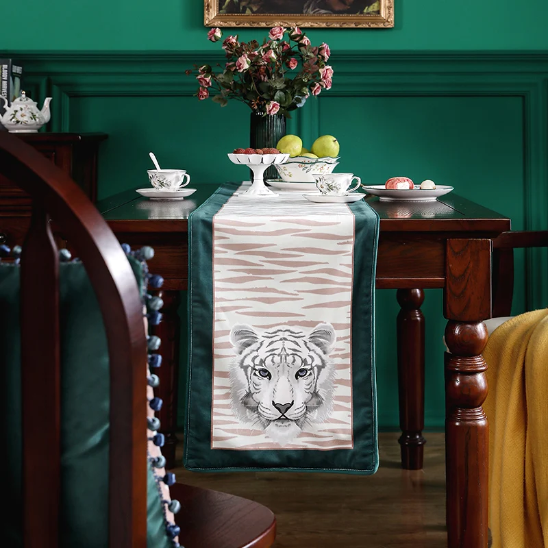 DUNXDECO Tafelkleed met kwastjes, feest, modern luxe stoffen tafelkleed, jungle tijger print, fluwelen tafelkleed, lange bureau decoratie
