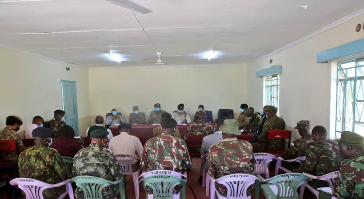 A high-level delegation led by the Rift Valley Regional Commissioner Joseph Kanyiri holding a strategic meeting in Rumuruti Town with Laikipia County Multi- Agency Security Team on Monday, March 21, 2022.