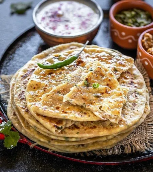 10" Paneer Paratha + Achar, White Butter, Mint Chutney, Dahin