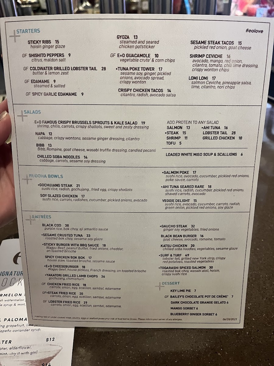 E+O Kitchen gluten-free menu