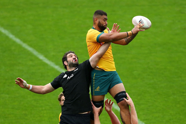 Lukhan Salakaia-Loto of the Wallabies and Sam Whitelock of the All Blacks contest a lineout during the Bledisloe Cup match at Sky Stadium on October 11, 2020 in Wellington