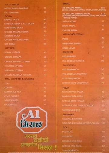 A1 Misal House & Nashta Center menu 