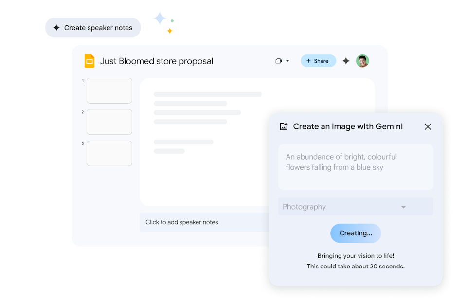 Gemini for Workspace creates an image based on a Slides presentation. It takes about 20 seconds.