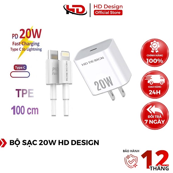 Bộ Củ Cap Sạc 20W Cho Ip - Sạc Nhanh - Ổn Định - An Toàn Cho Điện Thoại - Chính Hãng Hd Design