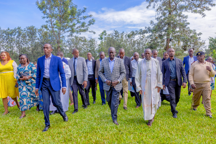 Deputy President Rigathi Gachagua accompanied by Kiambu Governor Kimani Wamatangi for a church service and fundraiser at ACK Saint Mark ,Kamiti road, May 5, 2024.