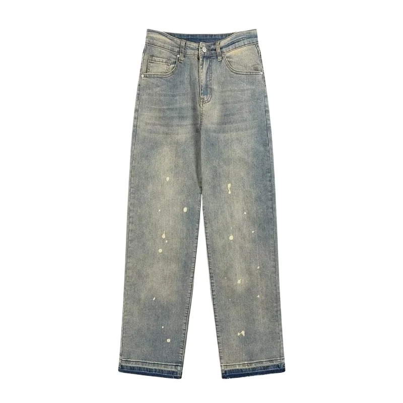 Calças americanas retro amarelas desgastadas com tingimento de lama. Visual vintage autêntico e confortável para um estilo único e moderno.